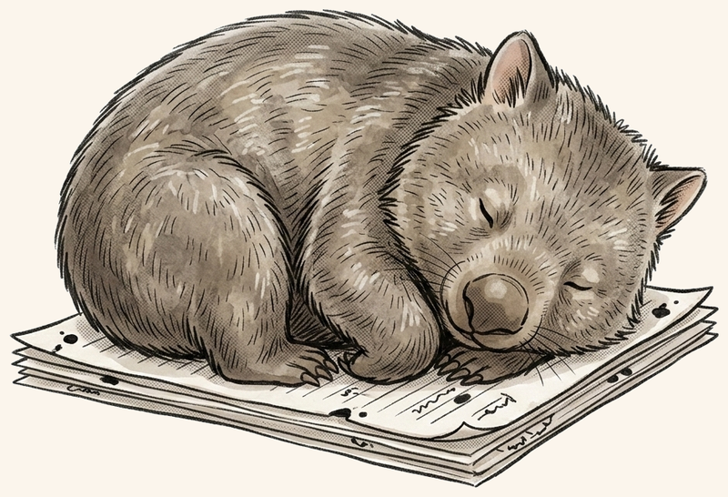 Digby the wombat asleep on a finished manuscript